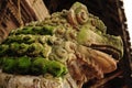 Low angle shot of a mossy dragon statue in front of an Asian building