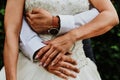 Low angle shot of a newlywed couple with the husband hugging the wife from behind