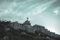 Low-angle shot of an old stone church on top of the hill Royalty Free Stock Photo