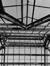 Low angle shot of a roof of a building made of glass and lots of metal frames