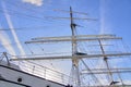 Low-angle shot of a sailing ship - the large mast of an old sailing ship. Royalty Free Stock Photo