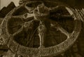 Low angle shot of Sandstone carved Chariot giant wheel of Sun TEmple Konark UNESCO World Heritage site Orissa