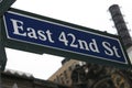 Low angle shot of the sign of the east 42nd Street against the clear sky