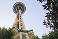 Low angle shot of a  Space Needle Tower in Seattle, Washington with a clear sky in the background Royalty Free Stock Photo