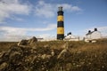 Low angle shot of the St John`s Point lighthouse in Killough on Dundrum Bay in Northern Ireland