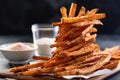 a low angle shot of tall stack of sweet potato fries