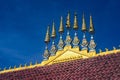 Low-angle shot of a temple roof design in Wat Phiawat, Xiangkhouang, Laos