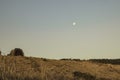 Low angle shot of a tent on a hill with a white moon in a blue sky Royalty Free Stock Photo