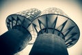 Low angle shot of two identical  abstract buildings on clear sky background Royalty Free Stock Photo