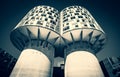 Low angle shot of two identical  abstract buildings on clear sky background Royalty Free Stock Photo