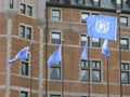 Low angle shot of the United Nations flags on a big building background