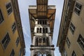 Low-angle shot of the upper part of the Santa Justa Elevator. Lisbon.