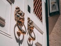 Low angle shot of a vintage door of a historic building with golden handles