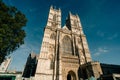 low angle shot of Westminster Abbey and Crimea and Indian Mutiny memorial in London, Great Britain