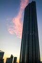 Low angle shot of the WTC World Trade Center Sheikh Mohammed Bin Rashid Tower on a cloudy sunset in Abu Dhabi