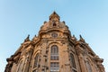 A low angle show of the facade of Frauenkirche Our Ladys church in Dresden, Germany, just before sunset