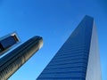 Low angle of three skyscrapers of the Four towers of Madrid.