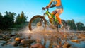 LOW ANGLE: Unrecognizable male mountain biker splashes the pure river water.