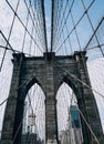 Low angle vertical shot of Brooklyn bridge in New York City, USA