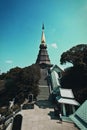 Low angle vertical shot of a steeple in the amazing Doi Inthanon National Park in Thailand