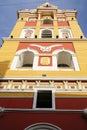 Low angle view of the artful decorated Cartagena Cathedral spire facade in Old Town Cartagena, Colombia