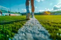 Low Angle View of Athlete\'s Feet on Starting Line Ready for Sprint on Sunny Day at Track and Field Stadium Royalty Free Stock Photo