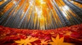 A Low-Angle View of a Bamboo Forest Floor Covered in Red and Orange Maple Leaves Royalty Free Stock Photo