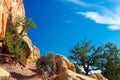 Low angle view beyond  trees on red sandstone steep mountain wall against blue sky with clouds Royalty Free Stock Photo