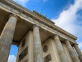 Low angle view of Brandenburg Gate against blue sky in Berlin, Germany. Brandenburger Tor. Royalty Free Stock Photo