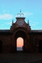 Low angle view of a broken clock in a medieval palace of Recanati, Italy Royalty Free Stock Photo