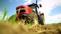 A low angle view capturing the speed and efficiency of a tractor, cultivation of fertile land.