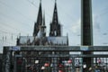 Low-angle view of castles at the bridge of love with Cologne Cathedral in the background