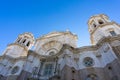 Low angle view of the cathedral in the old historic city center of Cadiz under a clear blue sky