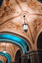 Low angle view of chandelier National Odessa National Academic Opera and Ballet Theatre at night. Architectural monument Royalty Free Stock Photo