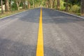 Low angle view of concrete road with yellow line in the long way as perspective background shows beautiful trees and sunlight in Royalty Free Stock Photo