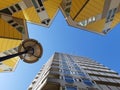 Low angle view of the Cube houses Kubuswoningen and Blaaktoren Het Potlood architecture, both designed by architect Piet Blom