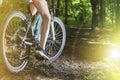 Low angle view of cyclist riding mountain bike on forest trail at sunset Royalty Free Stock Photo