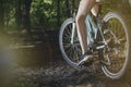 Low angle view of cyclist riding mountain bike on forest trail at sunset Royalty Free Stock Photo