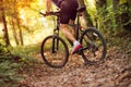 Low angle view cyclist riding mountain bike .Spring, nature ,sport concept Royalty Free Stock Photo