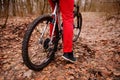 Low angle view of cyclist riding mountain bike on trail at sunrise in the forest Royalty Free Stock Photo