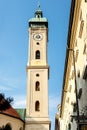 Low angle view of decorative stone clock tower Royalty Free Stock Photo