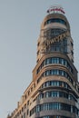 Low angle view of Edificio Capitol on Gran Via, Madrid, Spain