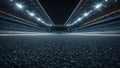 Low angle view of an empty, brightly illuminated grandstand and asphalt racetrack surface under the dark night sky ready for a Royalty Free Stock Photo