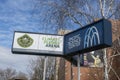 Seattle, WA USA - circa March 2022: Low angle view of the entrance sign to the Climate Pledge Arena for the Seattle hockey team an