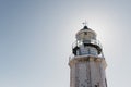 Low angle view of the exterior of Armenistis Lighthouse in Mykonos, Greece