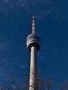 Low angle view of famous Fernsehturm (tv tower) of Stuttgart, Baden-Wuerttemberg, Germany on sunny winter day.