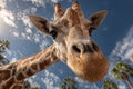 Low angle view of giraffe's head and neck against blue sky and clouds in a desert environment with palm trees Royalty Free Stock Photo