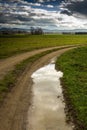 Low angle view of the gloomy sky in the reflection of the puddle next to the field