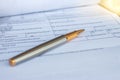 Golden pen placed on prepared documents to write. Royalty Free Stock Photo