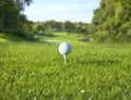 Low angle view of golf ball on a tee in front of a sunny fairway Royalty Free Stock Photo